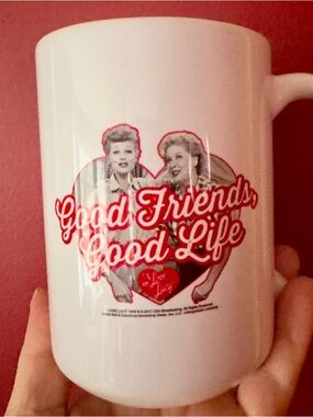 Lucy & Ethel Good Friends, Good Life White Ceramic Mug, 4 3/4” high